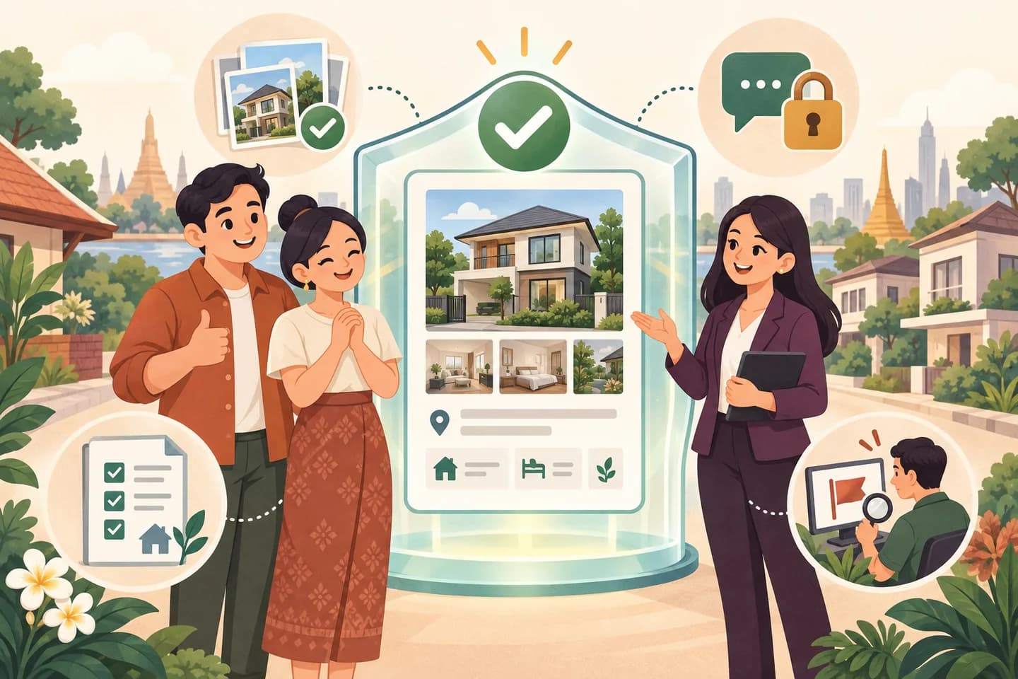 Property owners and an agent reviewing a protected listing with checks for photos, details, contact privacy, and reporting